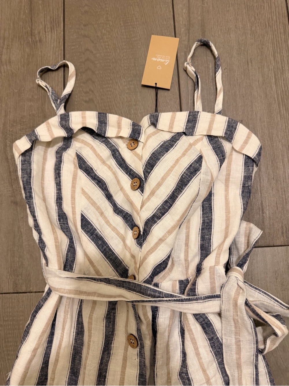 Love Tree Blue and White Striped Button-Front Jumpsuit with Belt - Picture 3 of 11